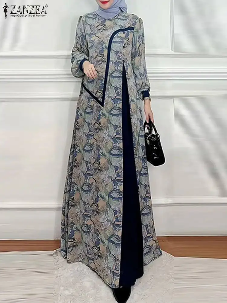 

Women Vintage Floral Printed Muslim Abaya ZANZEA Spring Maxi Dresses Ramadan Sundress Long Sleeve Loose Vestidos Robe Femme