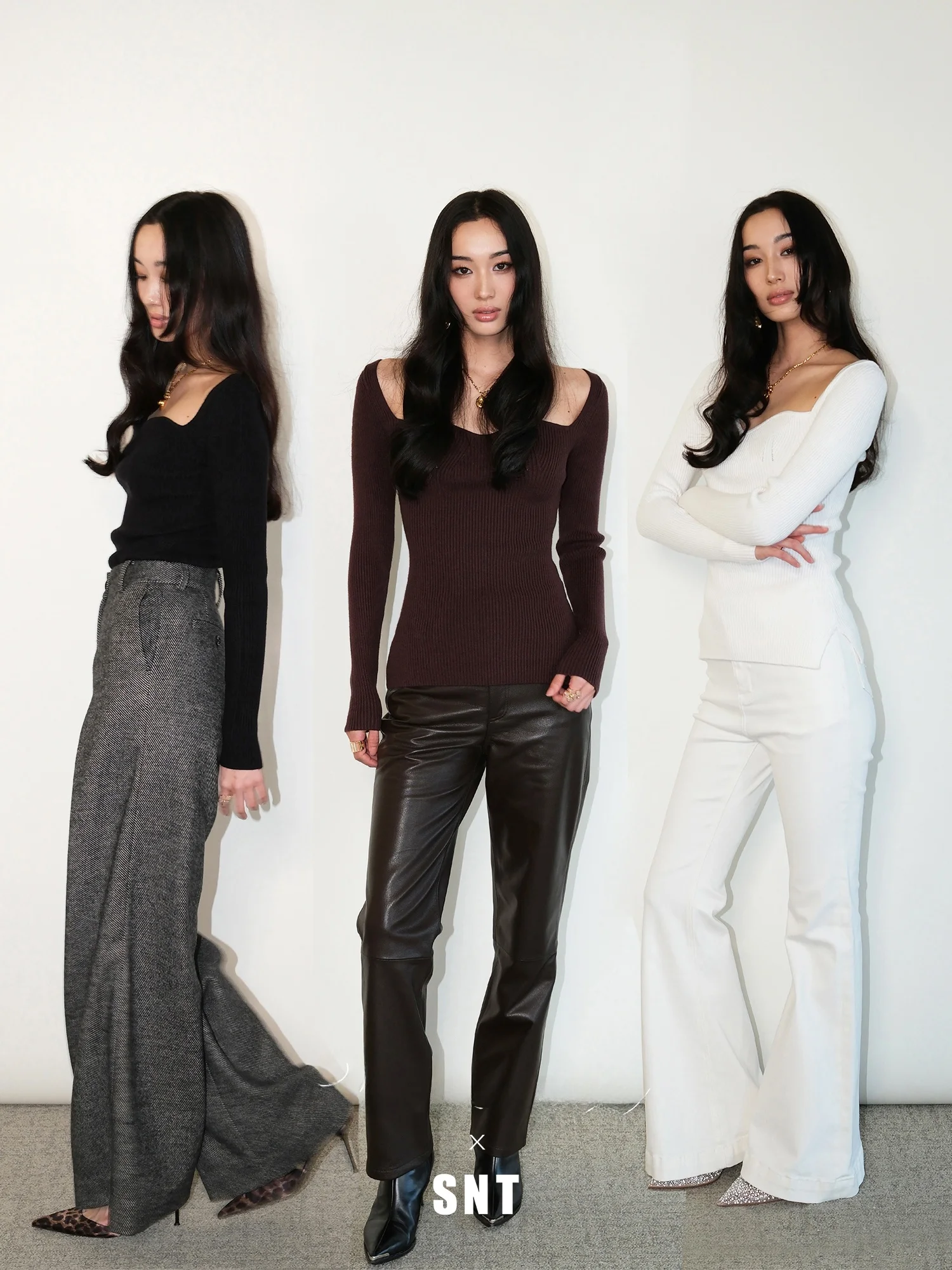 

SNT Universal Base Layer Knitted Top in Bla Coffee And Purple White Vintage Square Collar Comfortable Micro Fce Feel