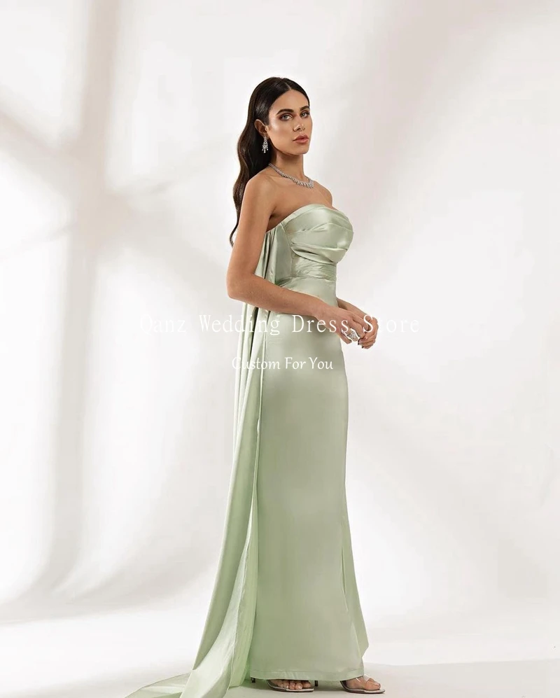 Qanz Sexy Ming Green Evening Dresses Arabic Women Mermaid Satin Long Cape Prom Gowns Formal Occasion Party Dress Customized