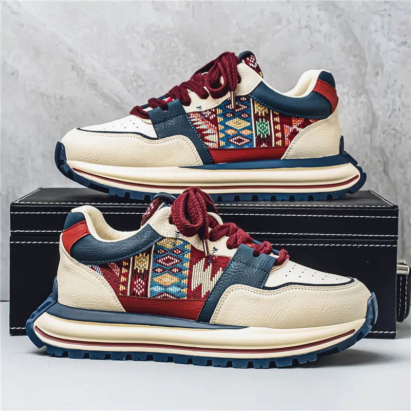 

Trend Red Casual Sneakers Man Weaving Patchwork Designer Shoes for Men Low-cut Breathable Chunky Sneakers Men Outdoor Sneakers