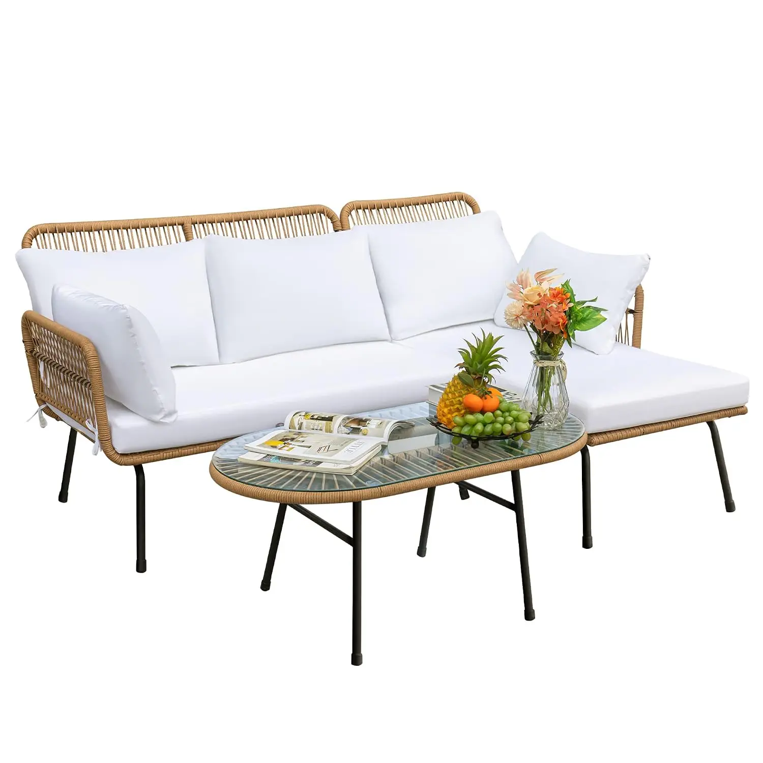 Outdoor Patio Sectional Sofa Rope Woven L-Shaped Couch Table Thick Cushions Backyard Porch Balcony Garden, Customized