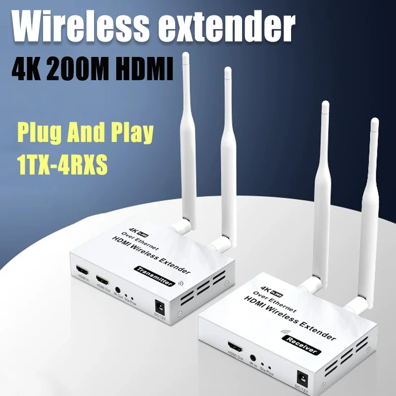 4K 200m 5.8GHz Wireless HDMI Transmitter Receiver Extender 1 TX-4 RX Audio Video Extender Kit with IR HDMI Loop-Out For TV Box