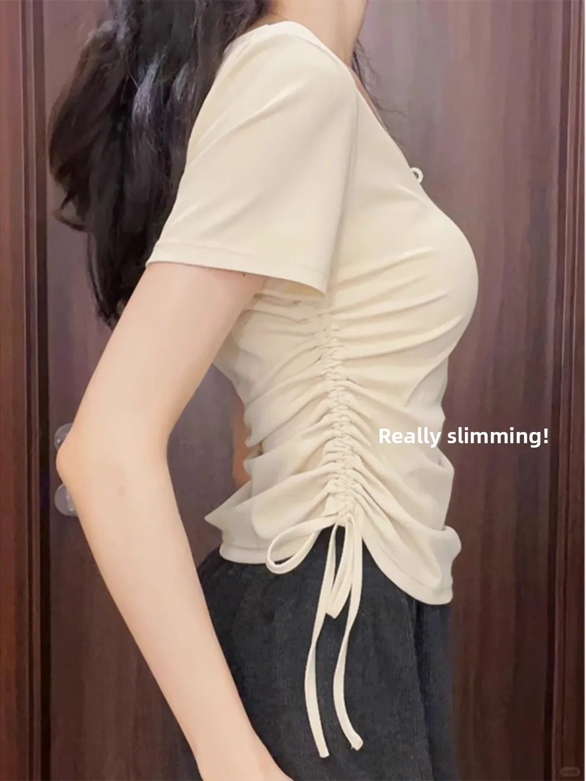 Slim Fit Short Sleeve V-Neck T-Shirt Women's Summer Fashion Sweet And Spicy Design Irregular Drawstring Shoulder Top