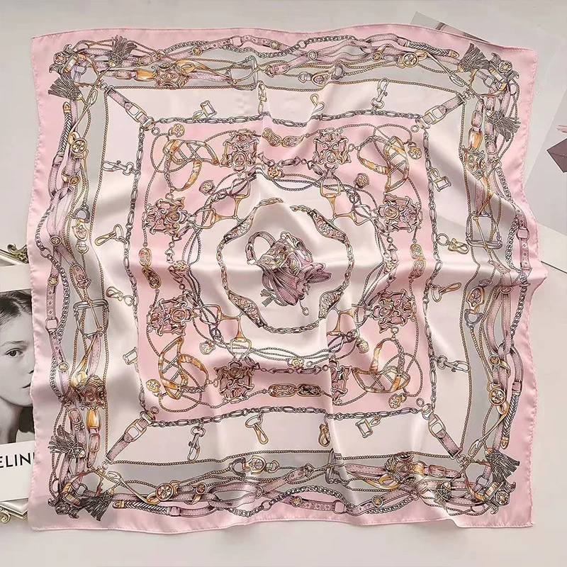 أنيقة سلسلة شرابة مشبك سلسلة مطبوعة تقليد وشاح حريري منديل الزخرفية متعددة الوظائف مطابقة وشاح مربع