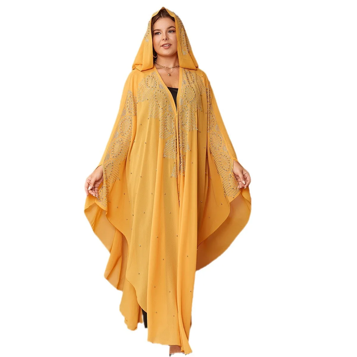 Fashionable Abaya Dubai Plus-Size Batwing Sleeves Abaya Dress with Rhinestones and Beading Hijab Abayas for Women Robe Ramadan