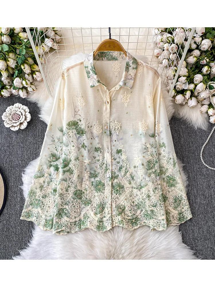 Women's Spring Shirt Korean Version Advanced Embroidery Printed Lapel Long Sleeved Shirt Loose Slimming Shirt Sheer Top BL208
