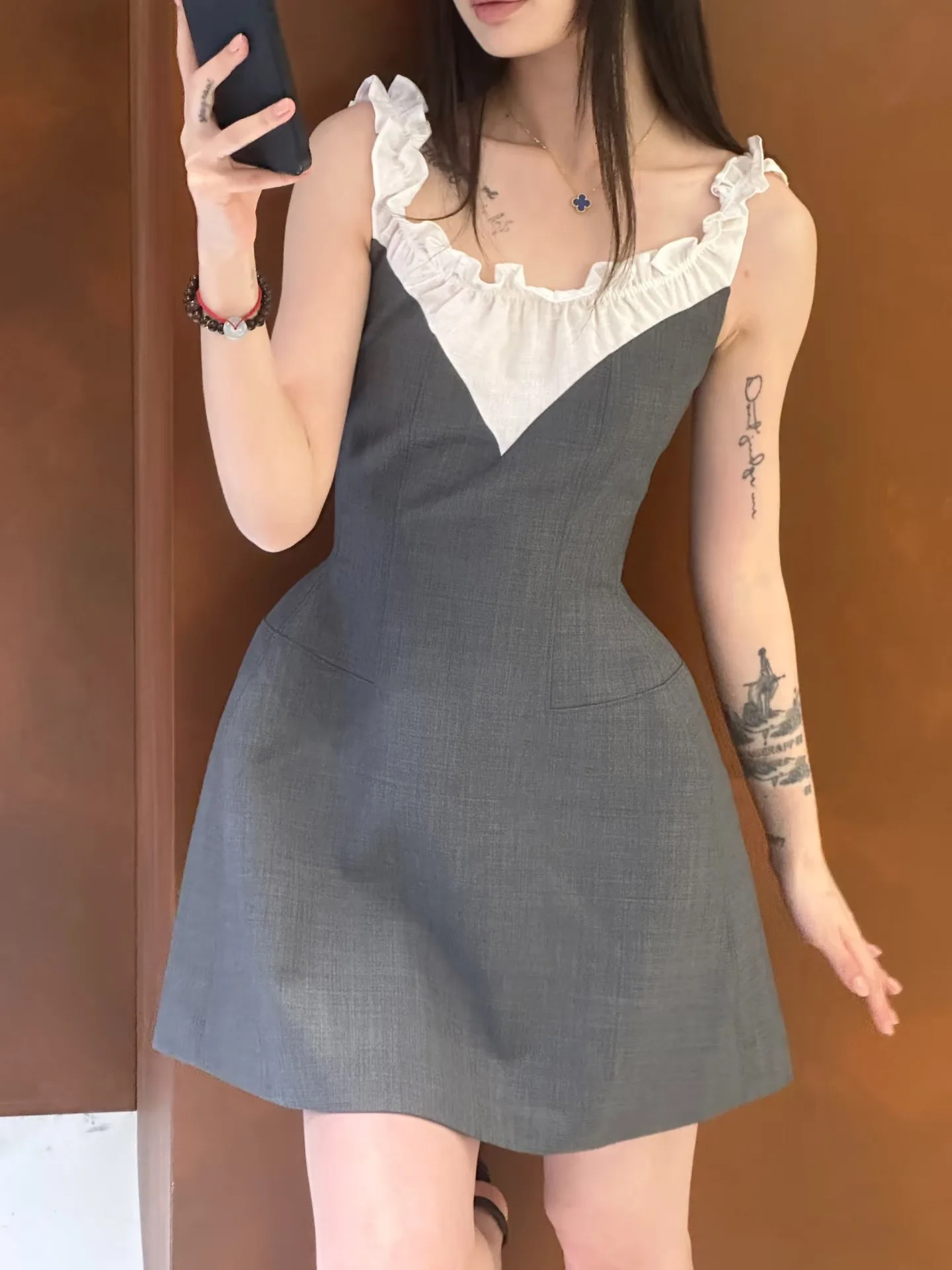 

Jisoo Linen Ruffle Collar SSTONG Color Blo Gored Skirt Casual High Waist Summer Dr Women's Svel V-ne A-line Dr