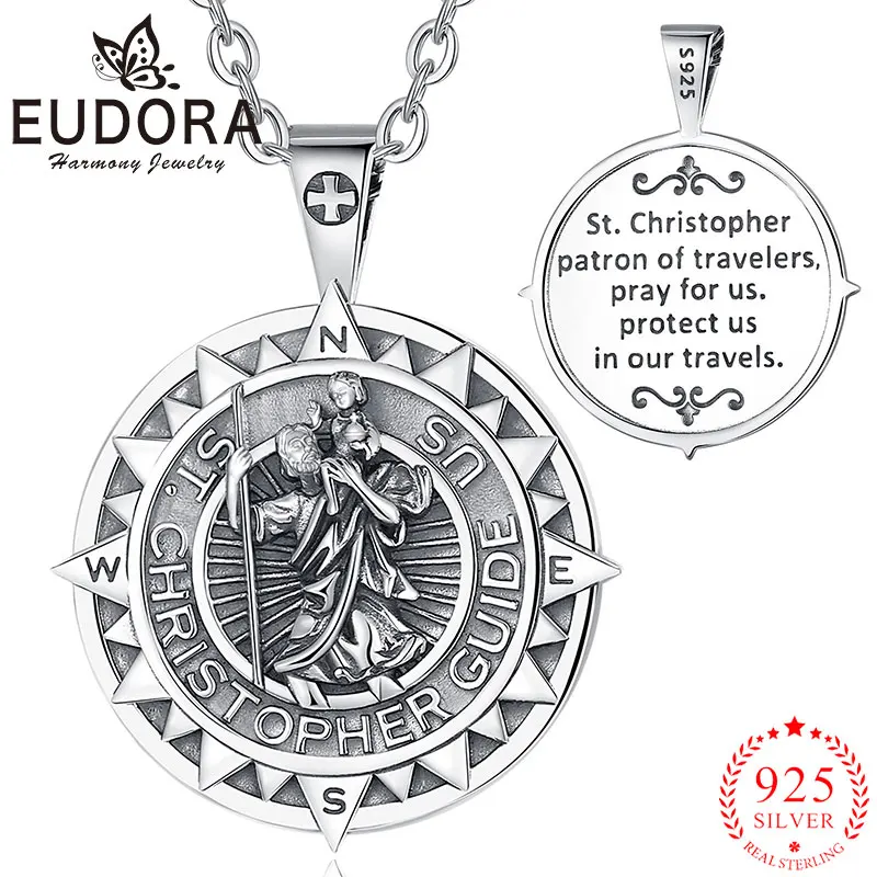 Eudora 925 Sterling Silver Saint Christopher Necklace Compass Cross Amulet Medal Pendant Religious Jewelry Gift For Women Men