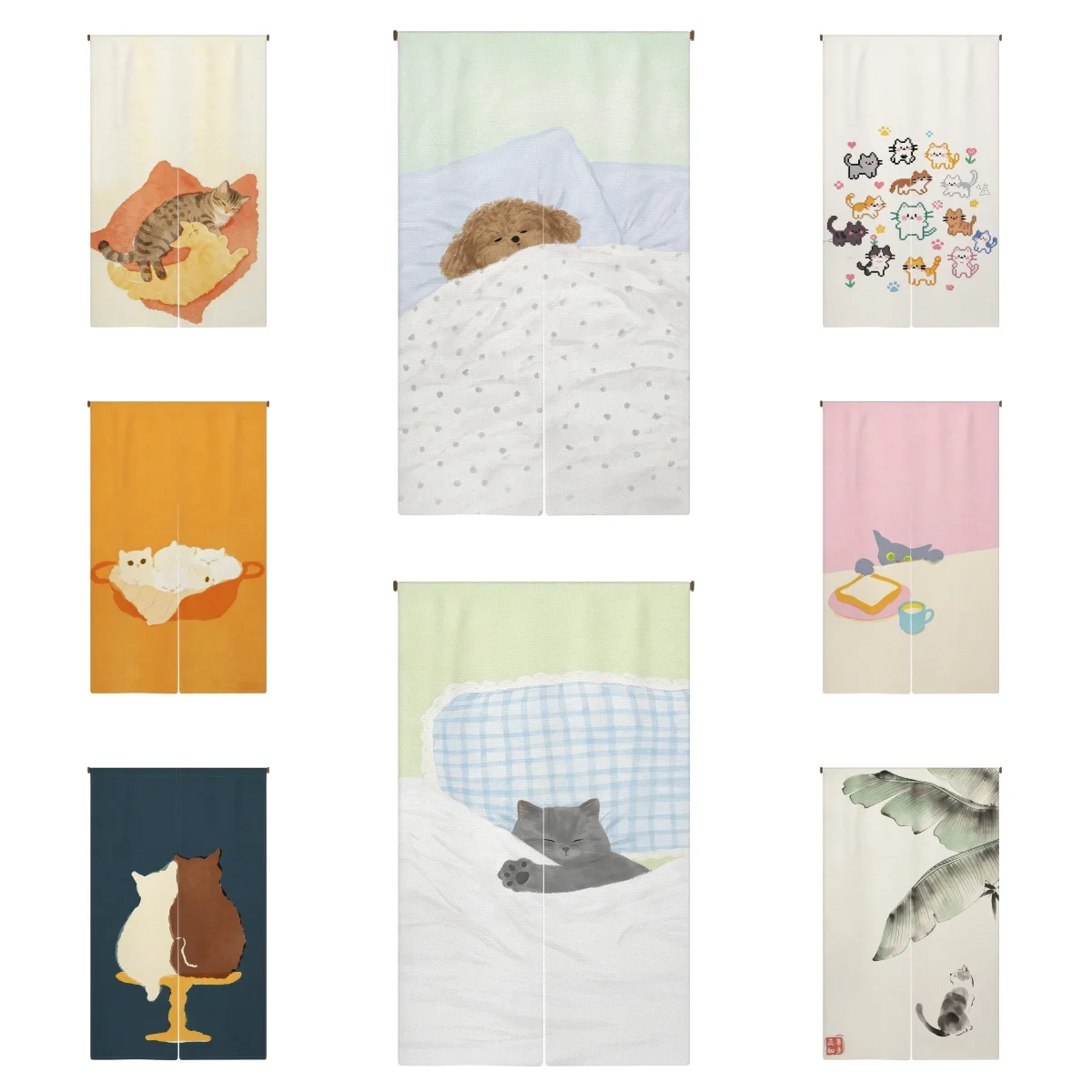 Minimalist Cat-Print Door Curtain Kitchen Bathroom Divider Living Room & Bedroom Entrance Split Half-Curtain Home Decor Curtains