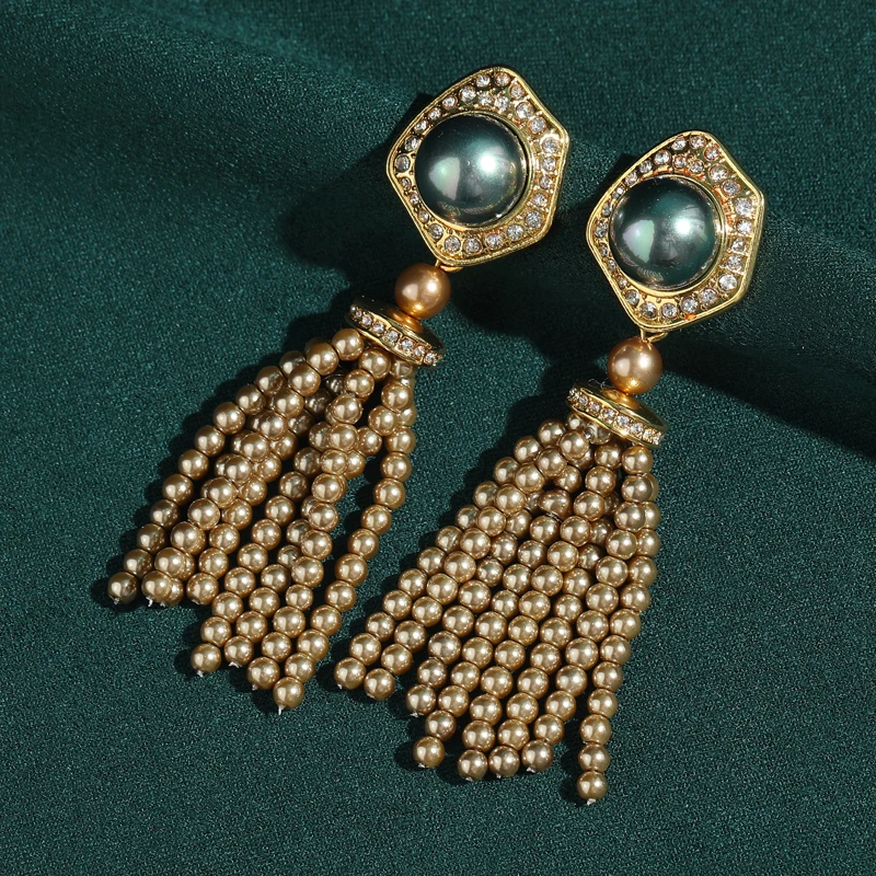 

Long Tassel Beads Antique Gold Plated Earrings Grey Pearl Inlay Vintage Pendant Jewelry Large Decoration Accessories Party Charm