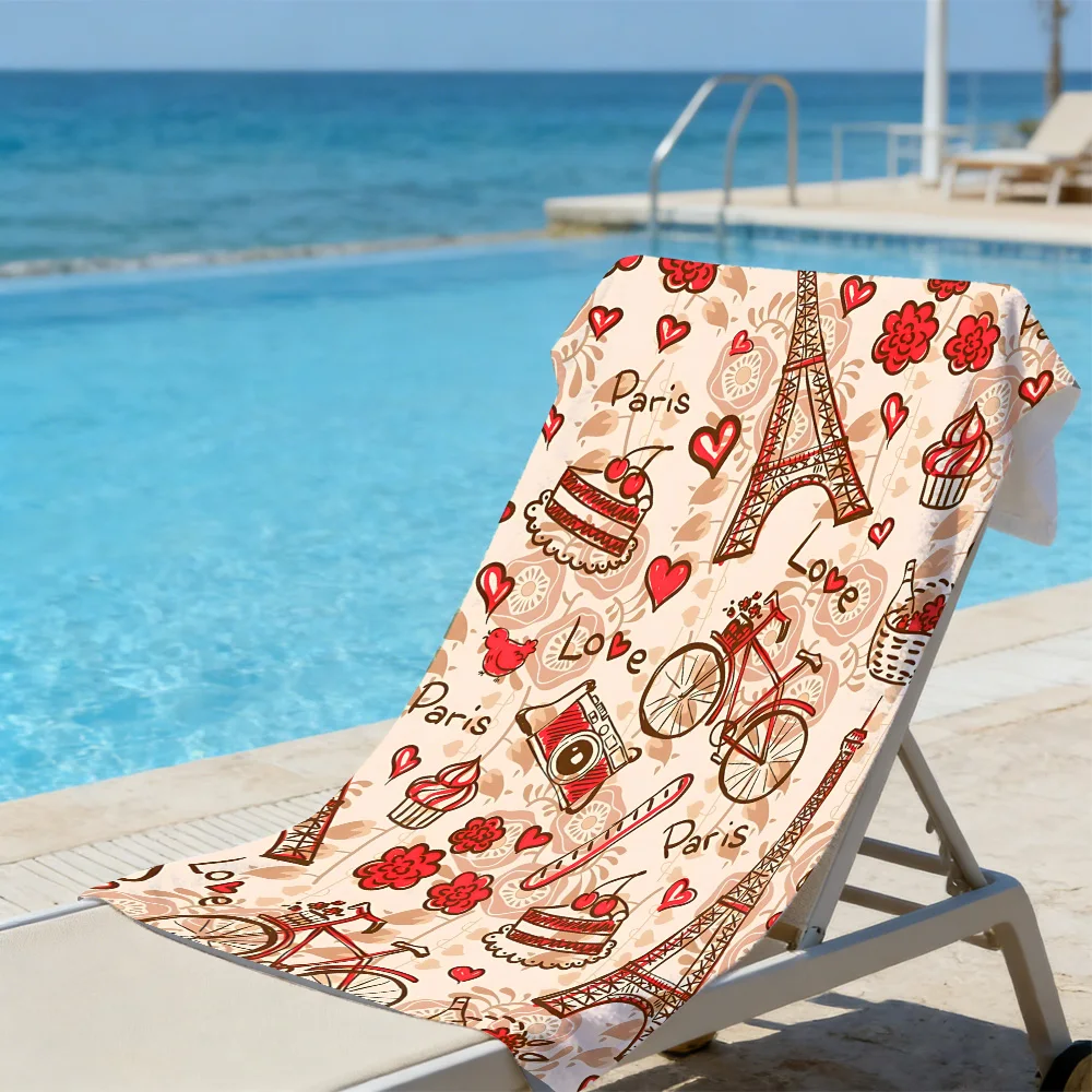 French Romantic Paris Beach Towel – Soft Absorbent Microfiber with Eiffel Tower & Bicycle Print for Summer