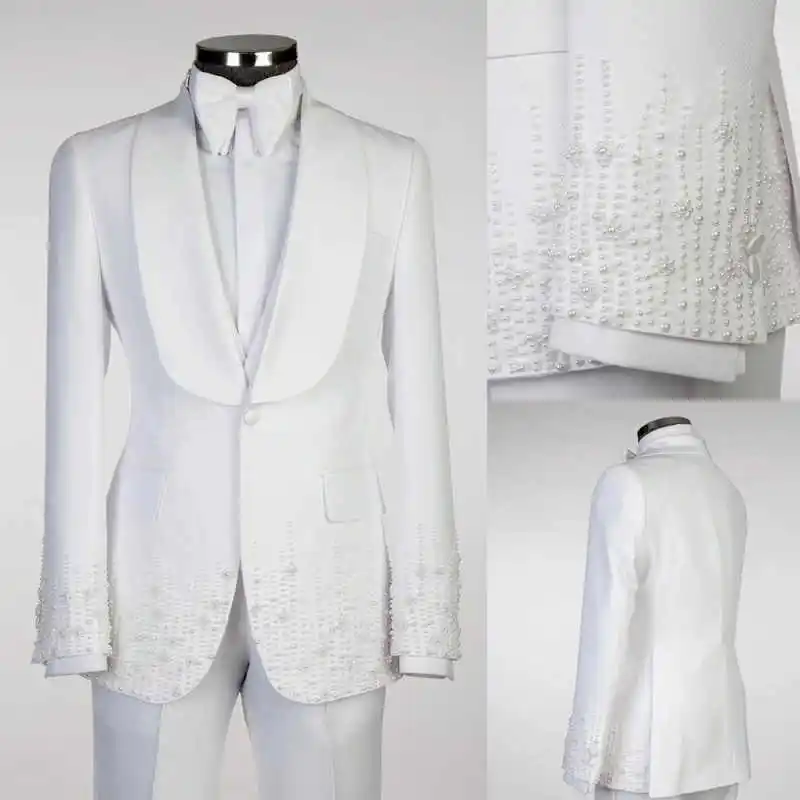 

Solid Color Mens Suits 2 Pcs Blazer Pants Pearls Shawl Lapel Single Breasted Formal Occasions Party Banquet Custom Made