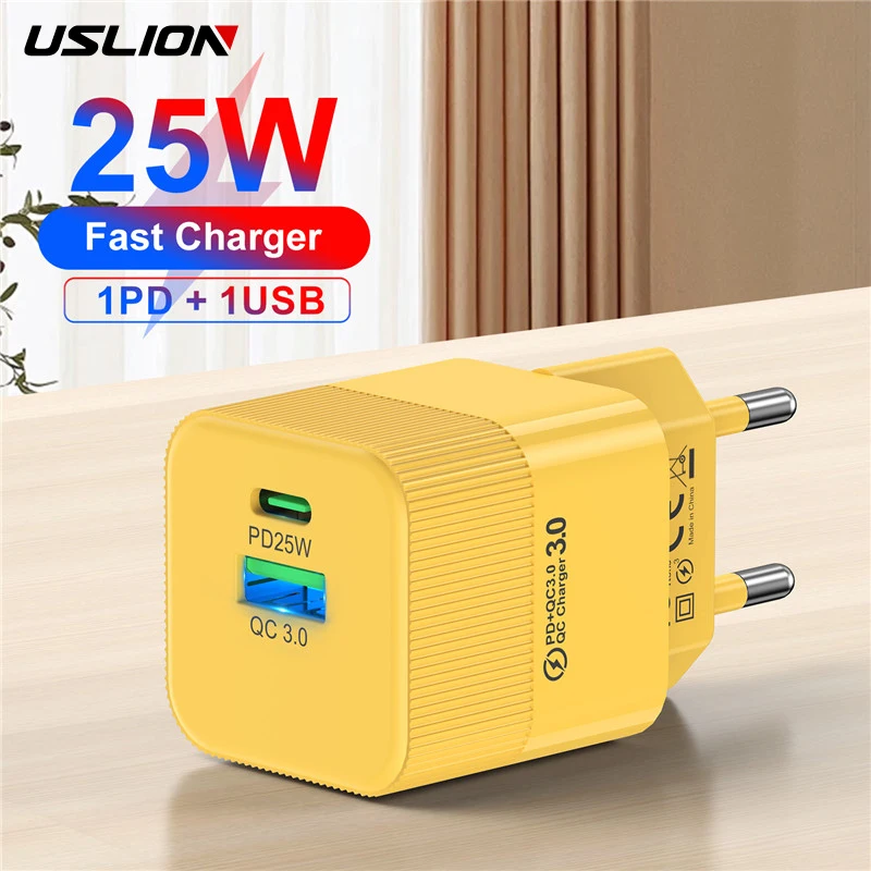 USLION 3A USB C Charger PD 25W Support Type C PD Fast Charging Mini Phone Tablet Laptop Charger For iPhone 15 14 Pro Max Xiaomi