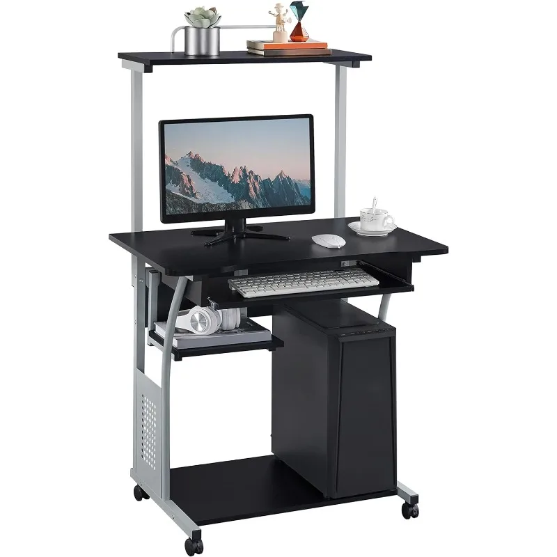 

3 Tier Computer Desk with Printer Shelf and Keyboard Tray, Home Office Desk Computer Workstation Rolling Study PC Laptop Table