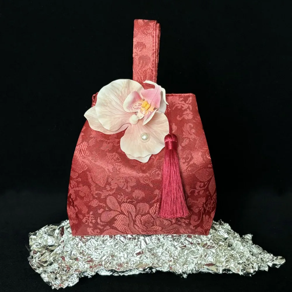 Elegant Orchid Flower Tassel Knot Wrist Bag Temperament Printing Wedding Candy Bag Make Up Pouch Chinese Style Handbag Banquet