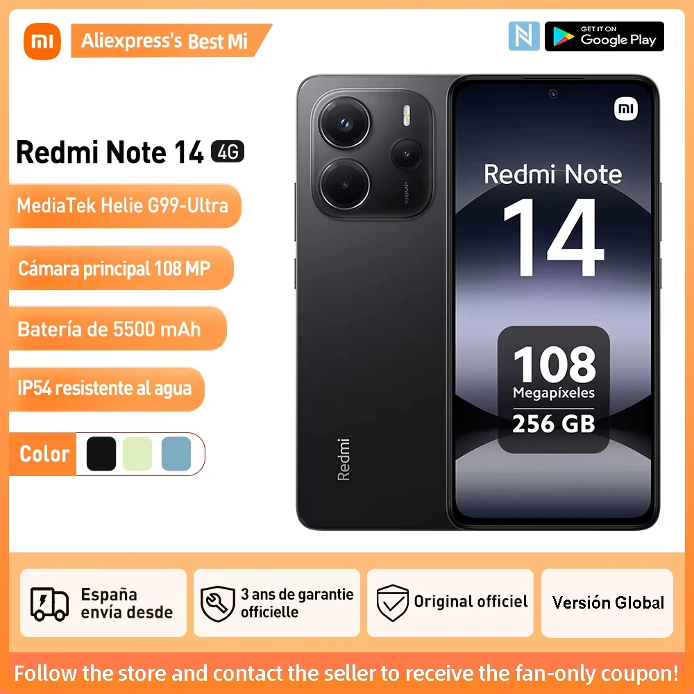 Xiaomi Redmi Note 14 4G Versão Global 128GB/256GB MTk Helie G99-Ultra AMOLED Display 6,67" 120Hz 108MP Câmara Principal, IP54, NFC