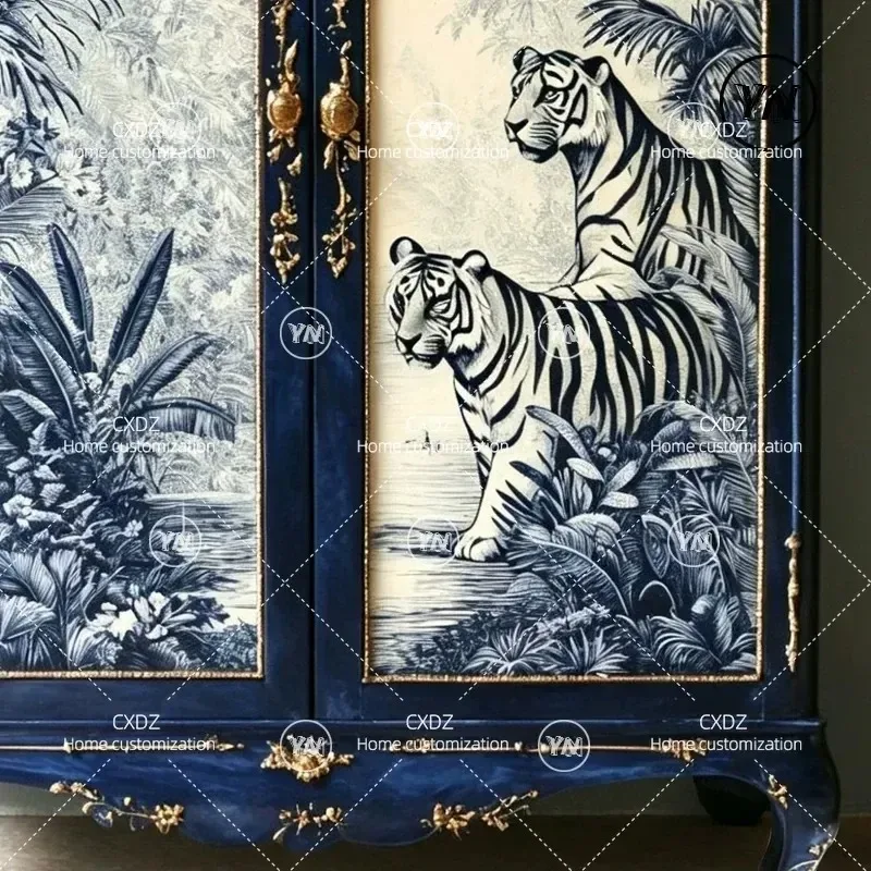 Baroque Style Blue Painted Tiger Hand Painted Double Door Wardrobe Carved Wooden Closet Independent Storage Cabinet for