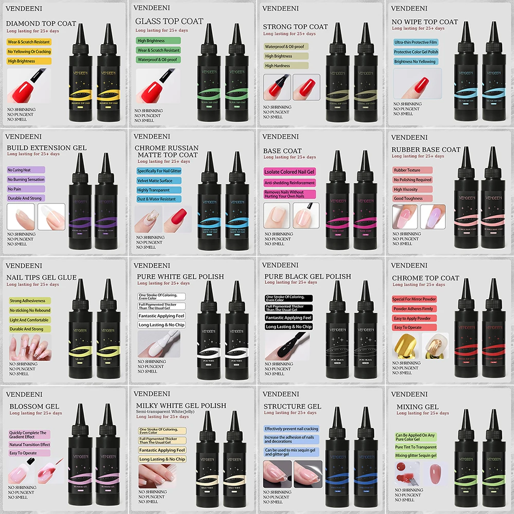 Vendeeni 17 Kinds UV Functional Gel Nail Polish Top Coat Base Coat Glitter Chrome Gel Builder Extension Gel Pure Black White Gel