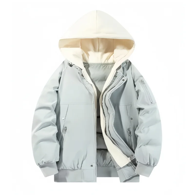 Fake Two-Piece Hooded Pilot Cotton Jacket for Men, Winter Color-Blocking Thickened Warm Casual Baseball Jacket Cotton Coat