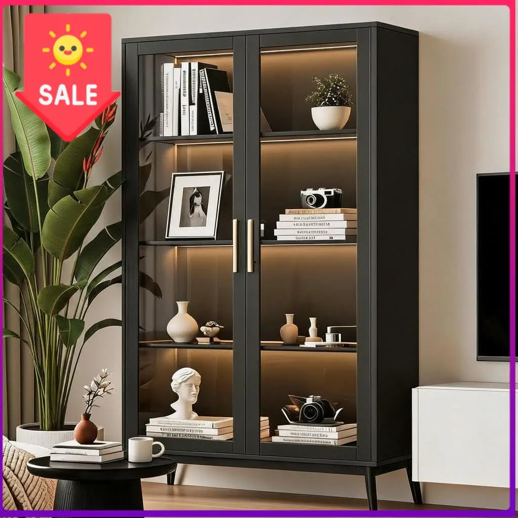 Glass Display Cabinet with RGB Lights,4-Tier Curio Cabinets with 3 Color Lights,Display Case with Human Body Sensor & USB Ports,