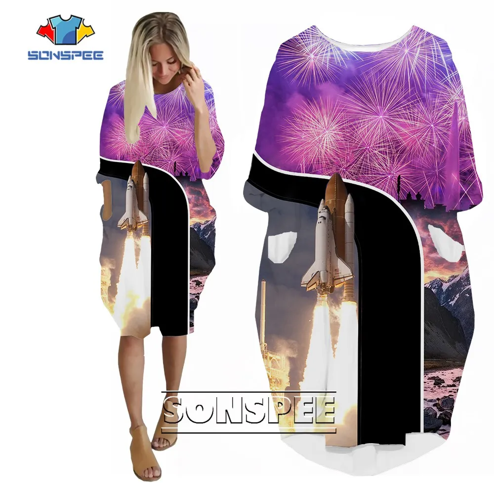 

SONSPEE Fireworks Festive Atmosphere 3D Printed Dress Long Sleeve Space Shuttle Rocket Pocket Skirt Female Natural Scenery Robe