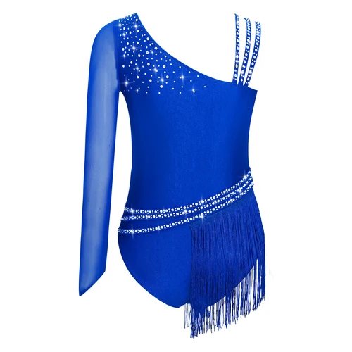 Imagen 2 del producto Leotardo de danza con flecos y hombros asimétricos para niñas, leotardo con diamantes de imitación, patinaje artístico, gimnasia rítmica, mono con borlas, vestido, Ropa de baile