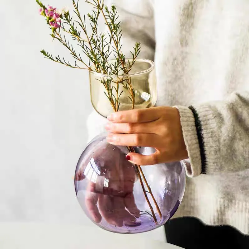 Nordic Gradient Two-tone Glass Vase, Sphere Base Cup Neck Hydroponic Flower Vase