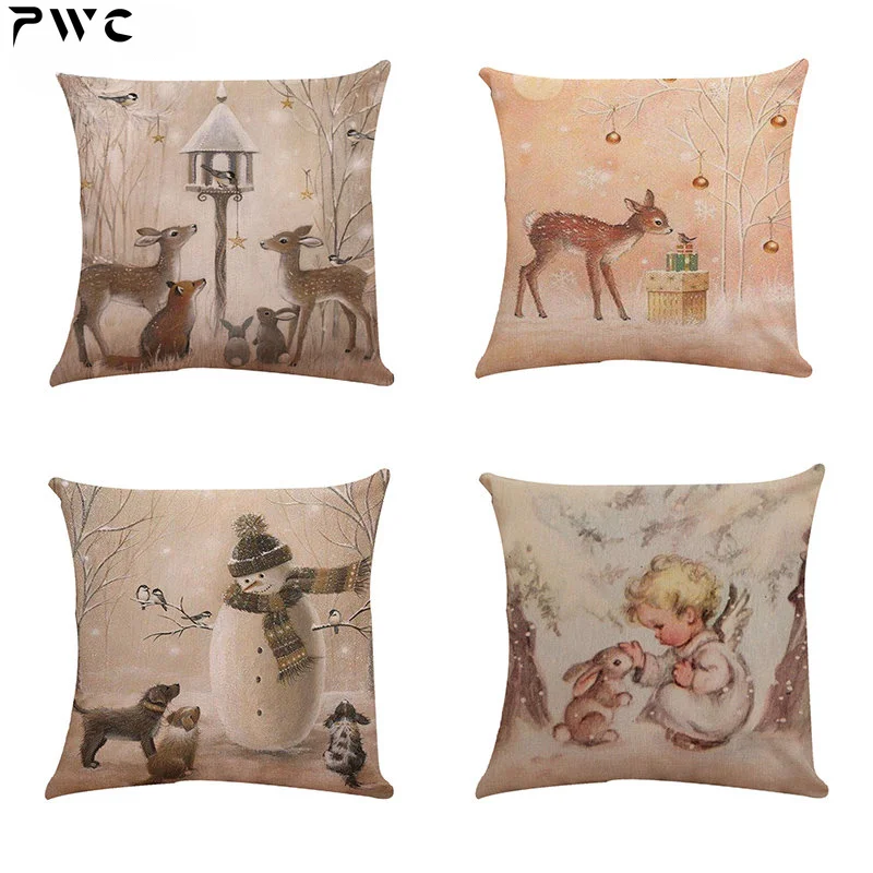 

Home decorative cartoon deer snowman angel linen pillowcase cushion cover printed craft pillow cover