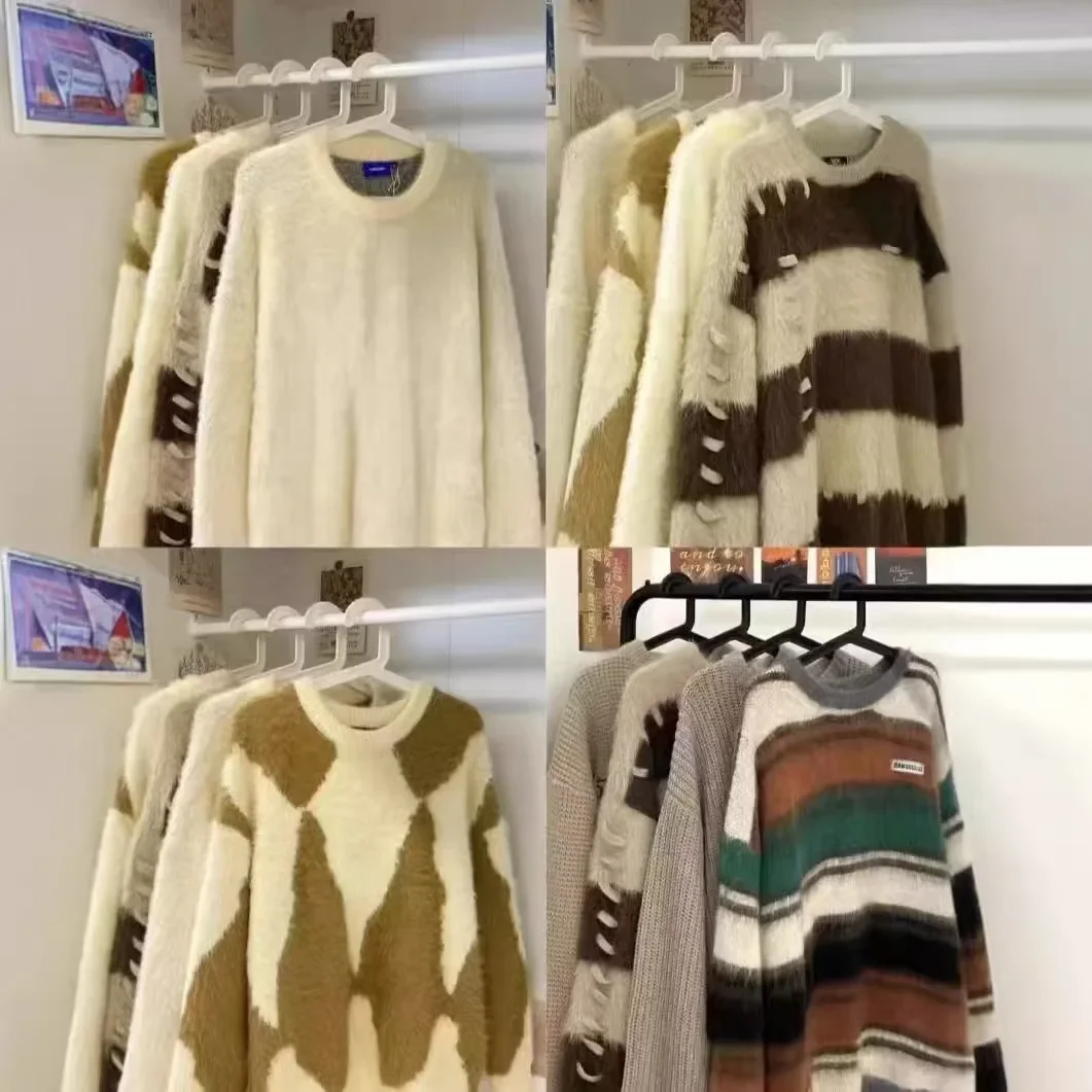 เสื้อสเวตเตอร์คอกลมสไตล์เกาหลีแบบเรโทร ลายทางสไตล์อเมริกันสำหรับฤดูหนาว แต่งลายตัดกันเล็กน้อย สไตล์หอมหวานแบบอินเทรนด์