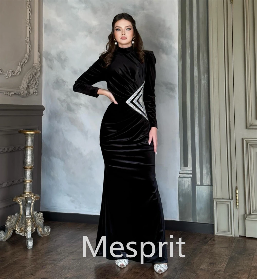 Mesprit-vestidos de noche con cuello alto y diamantes de imitación, vestido de satén personalizado, largo hasta el suelo