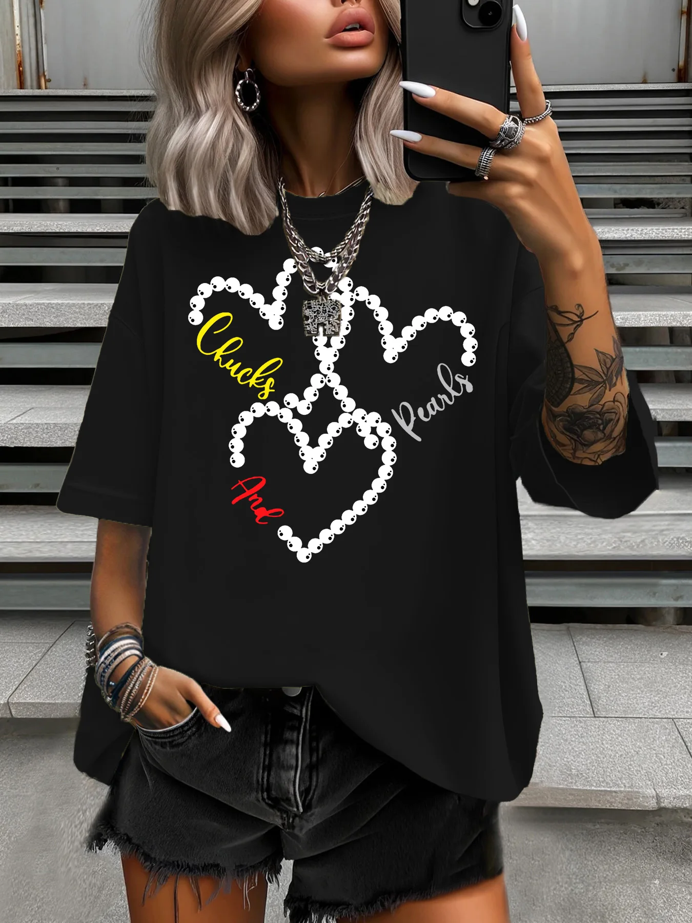 

Летняя женская футболка больших размеров, оригинальный дизайн, жемчужное сердце, с принтом букв, женские повседневные топы с круглым вырезом и короткими рукавами