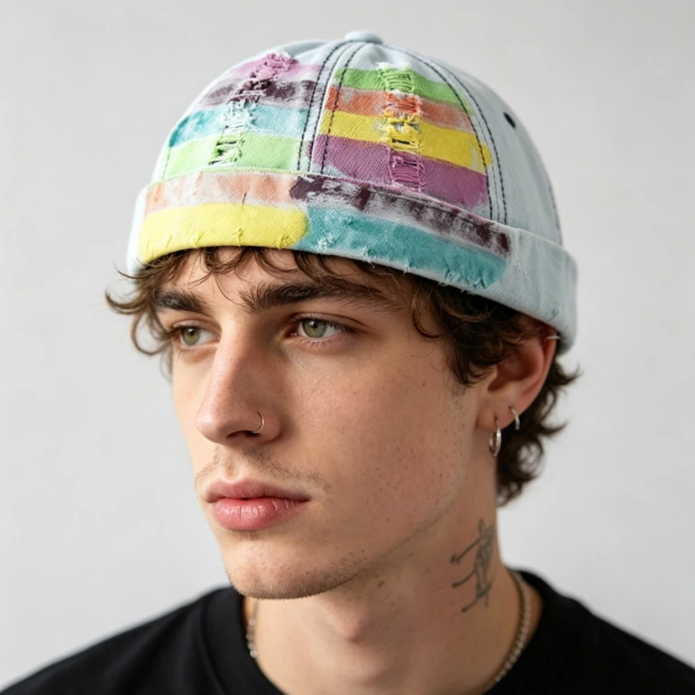 Vintage Painted Rainbow Denim Docker Cap Unisex Distressed Ripped Brimless Hat for Women Men Daily Outdoor Streetwear