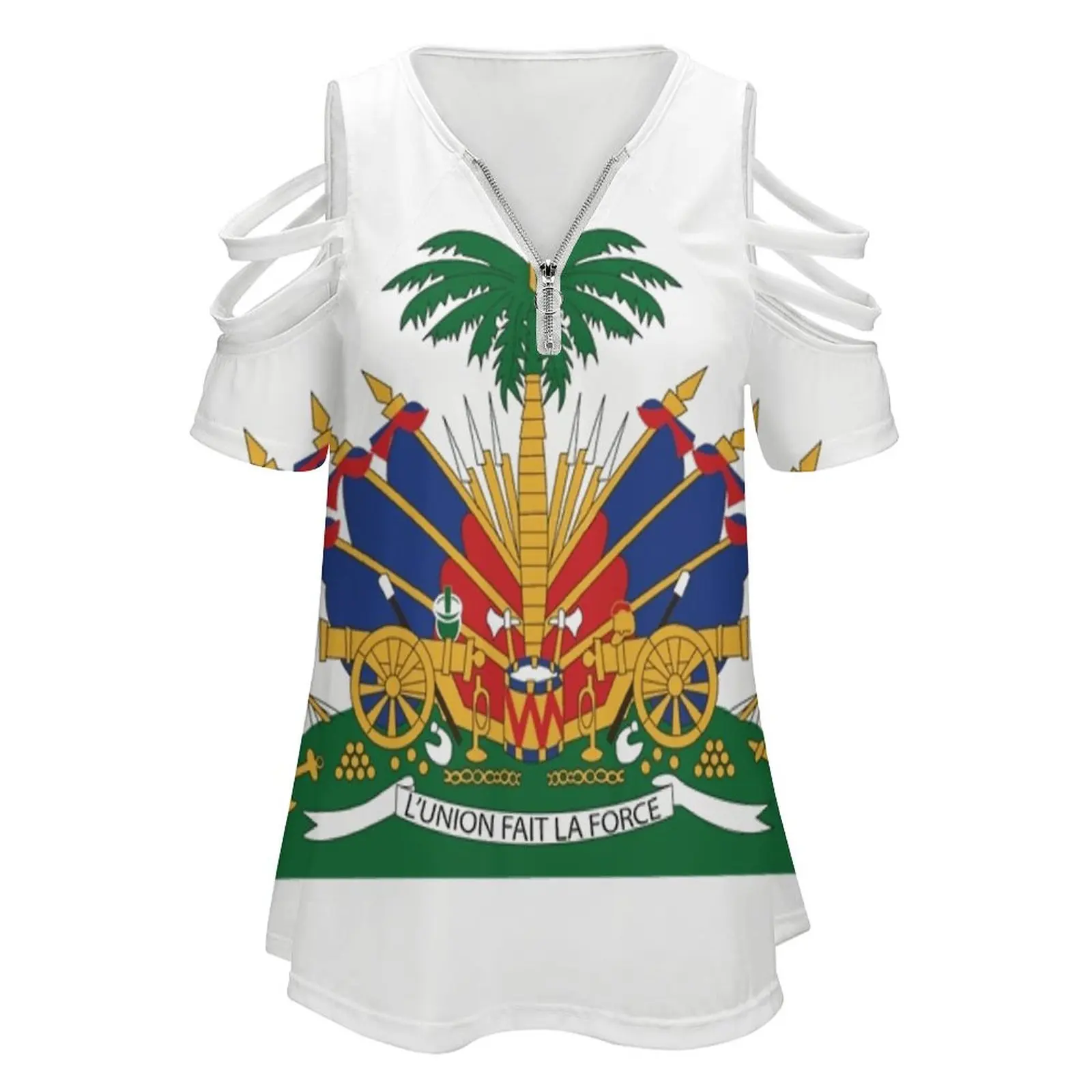 Haiti'S Coat Of Arms Women'S T-Shirt New Fashion Printed Zipper V-Neck Short Sleeve T Shirts Casual Plus Size Coat Of Arms