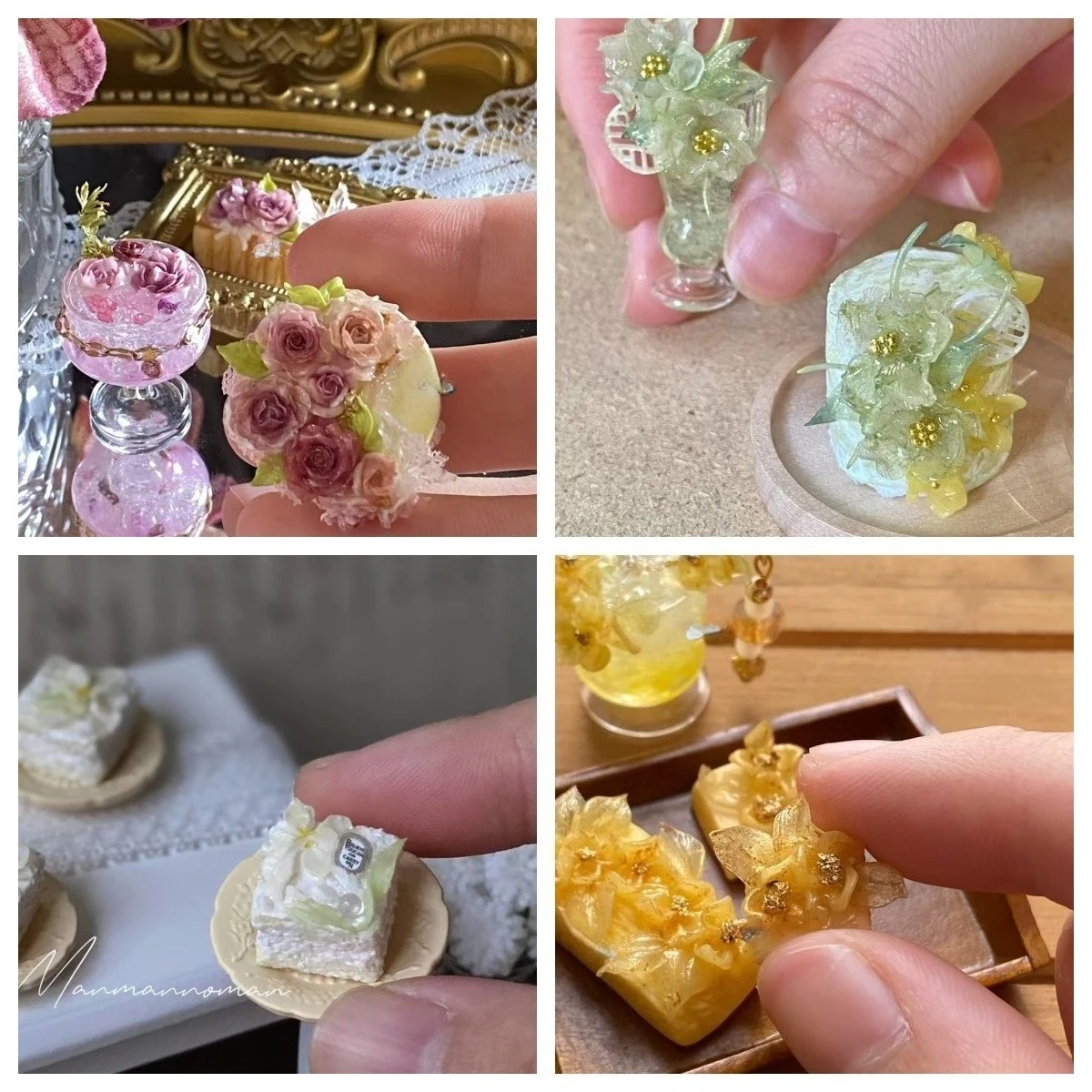 

Luxury Miniature Clay Food Ornament - Ancient Style Floral Series with Shimmer & Jewel Details, Realistic Flower Dollhouse Decor