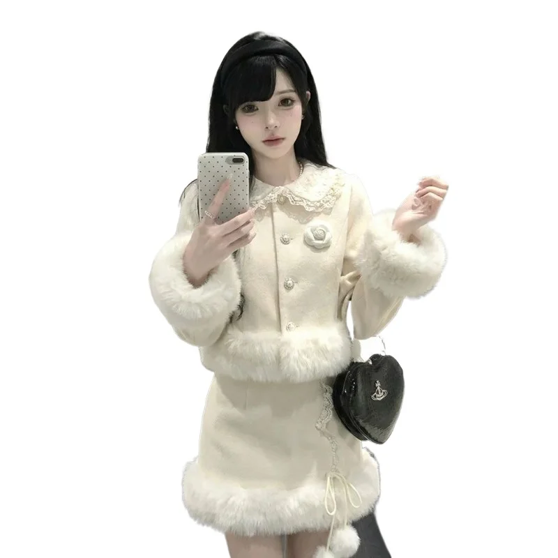Soft Fu Sweet Cream, Thousand Gold Japanese Sweet Girl Elegant Wear Small Fragrant Wind Jacket + Skirt Two-piece Set Small Woman