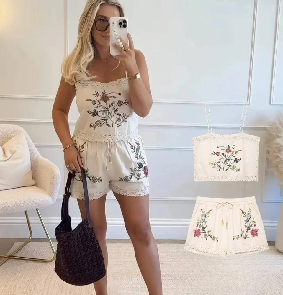 

KONDALA винтажный комплект шорт с вышивкой, летний женский топ на подтяжках с цветочным принтом или шорты на шнурке, 2025 г., модный повседневный праздничный комплект