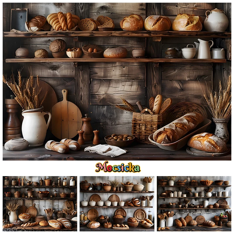 

Wooden Kitchen Photography Backdrop Bread Cabinet Birthday Family Photo Background For Children Kid Decoration Photobooth Studio