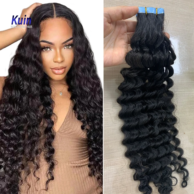 Deep Wave Tape In Hair Extensions Natural Color 100% Human Hair Deep Curly Tape In Remy Hair Hair Extensions Invisble Skin Weft