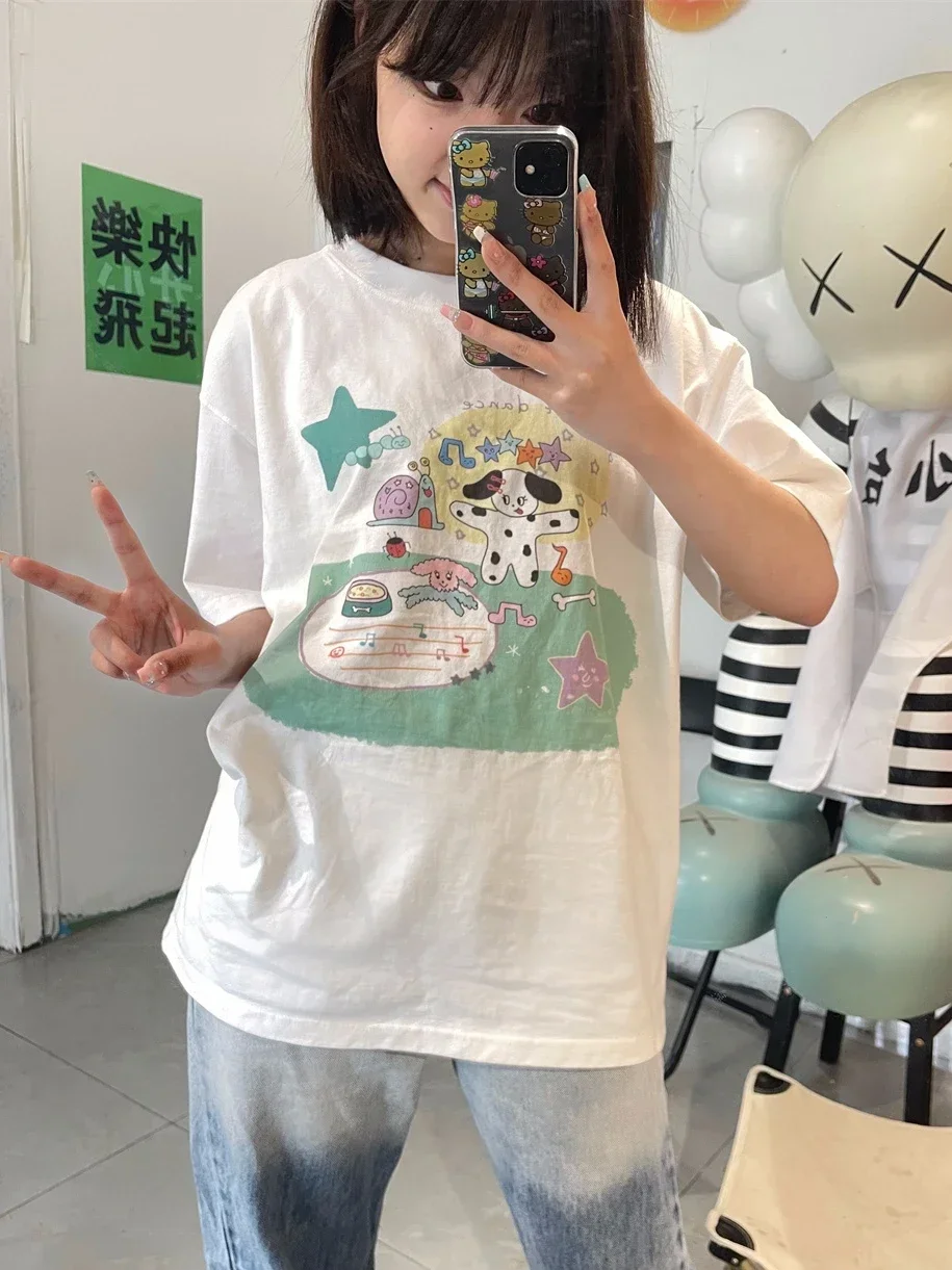 Summer Printed Short-sleeved T-shirt Loose Fit Dog Singer Original Design Simple Tops Ladies Street Fashion Clothing Graphic Y2K