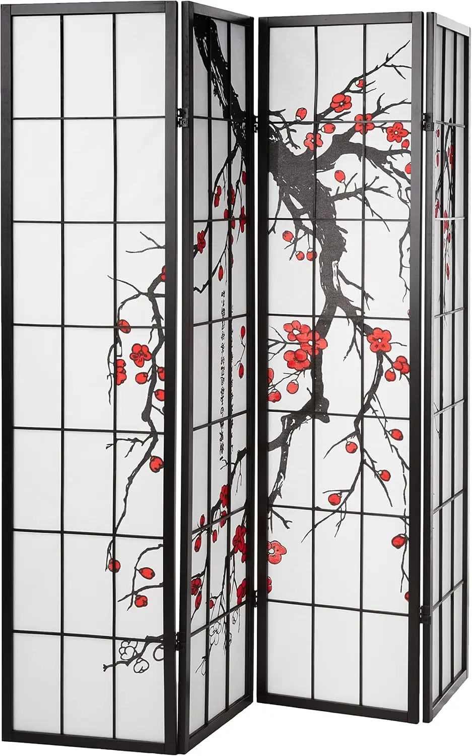 Black Japanese 4-Panel Screen Room Divider, Plum Blossom,Each panel approximately: 18