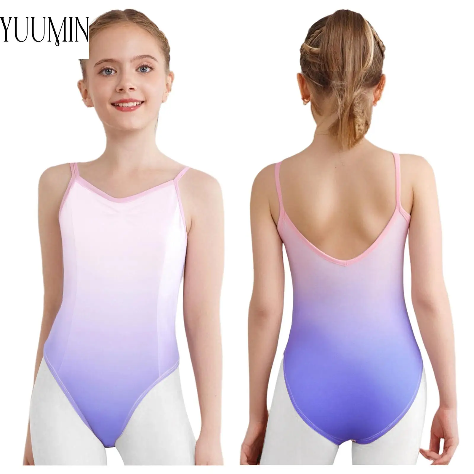 

Kids Girls Ballet Leotard Tutu Costume Gradient Color Gymnastics Leotard Sleeveless Bodysuit for Dance Practice Skating Warm Ups