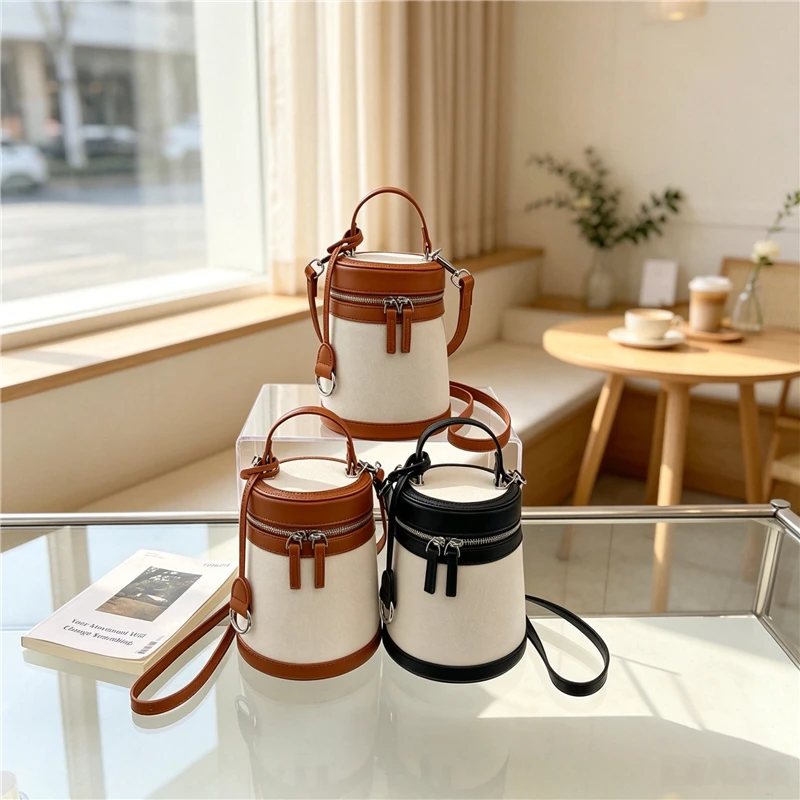 Fashion Designer Cylinder Bucket Bag Women PU Leather Mini Barrel Handbag Cute Small Shoulder Purse Daily Commute Crossbody