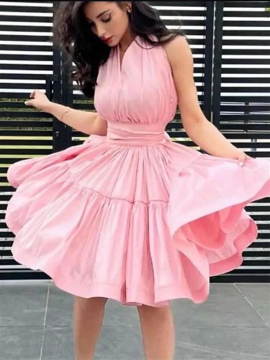 

ANGELSBRIDEP A-Line Halter Pleat Short Pink Homecoming Dresses Tea Length Prom Evening Sexy Gown Robes de soirée Cocktail HOT