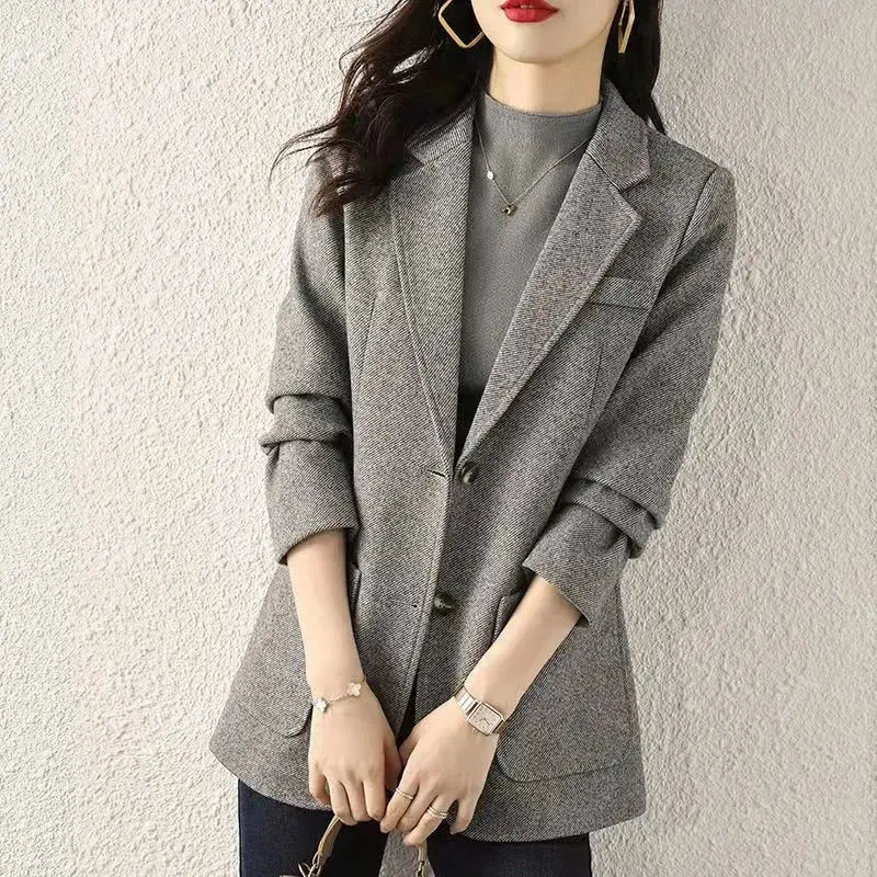 Casual Gray Suit Jacket Women's Autumn and Winter New Korean Version Single-button Slim Suit Jacket Casual Temperament Suit Top