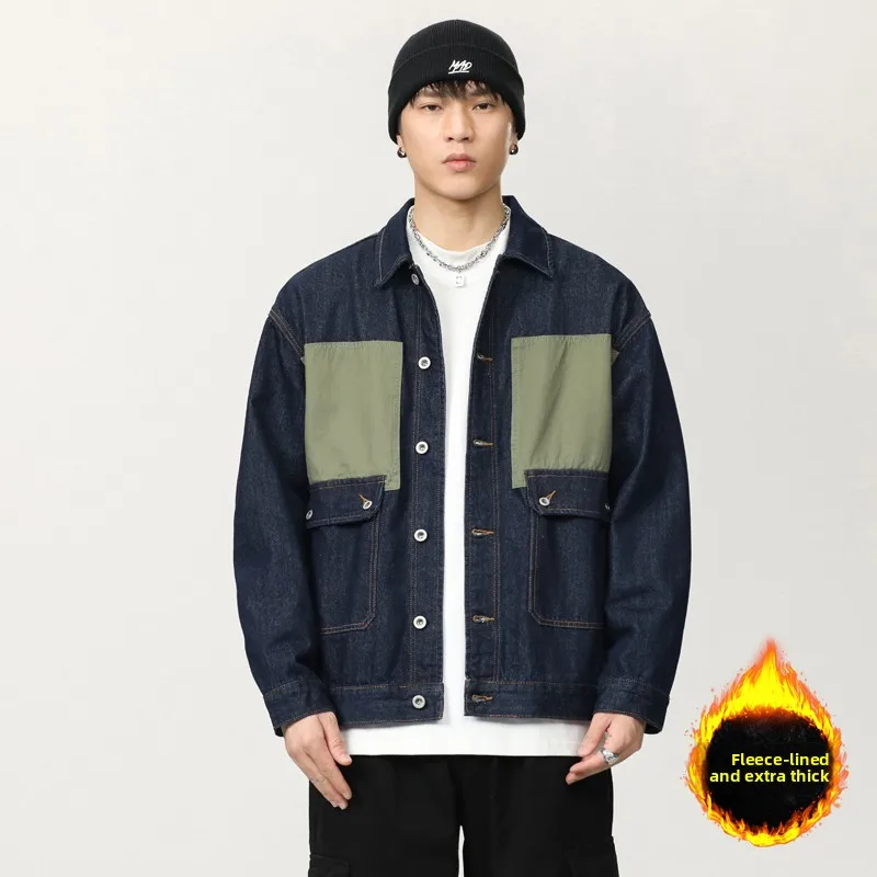 

Winter Thiened Fce Lined Loose Casual Denim Jaet Men's Trendy Faion Workwear Coat with Stand Collar for Youth