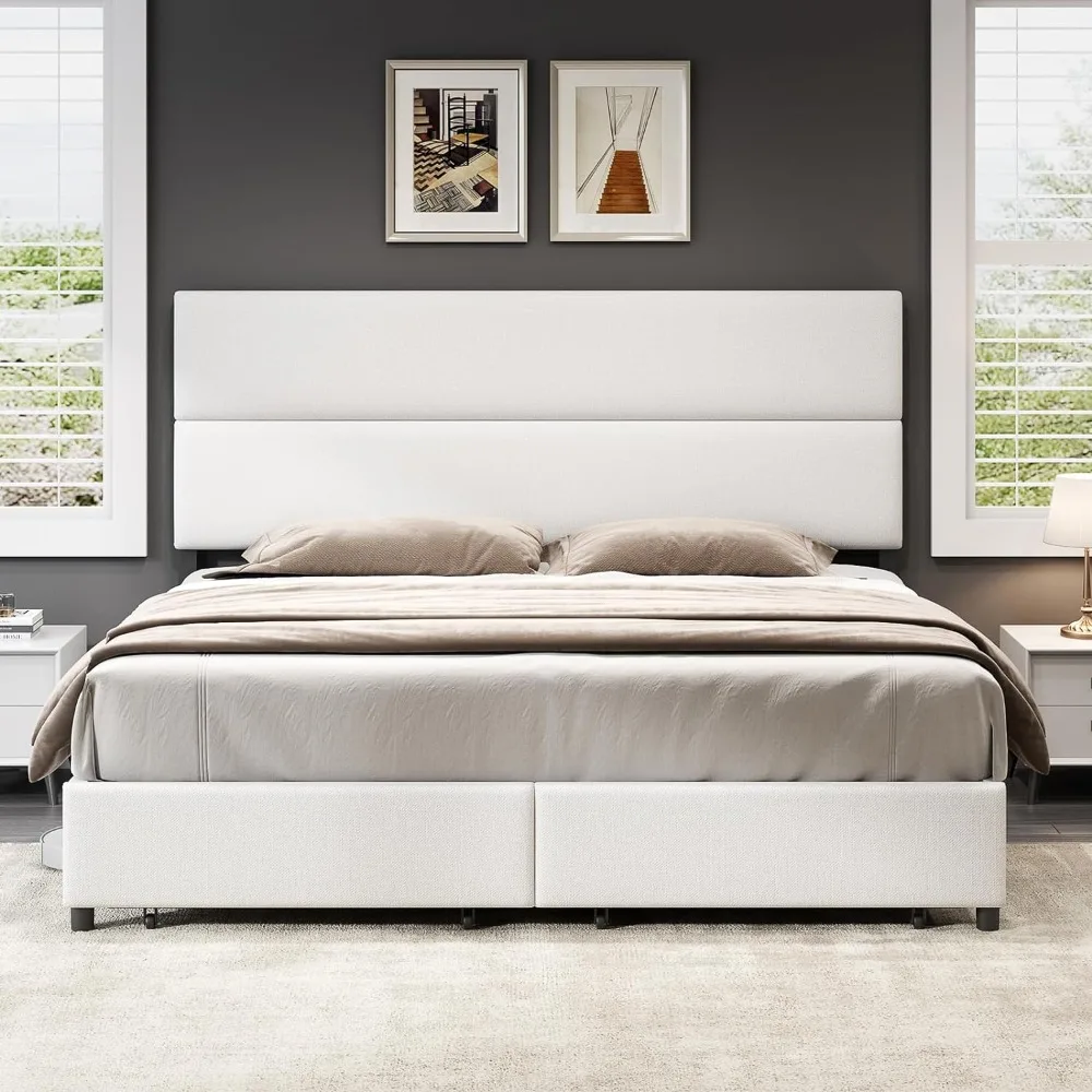 

Full Size 47.6" Upholstered Bed Frame with 2 Drawers, Linen Platform Bed with Height Adjustable Headboard/No Box Spring Needed