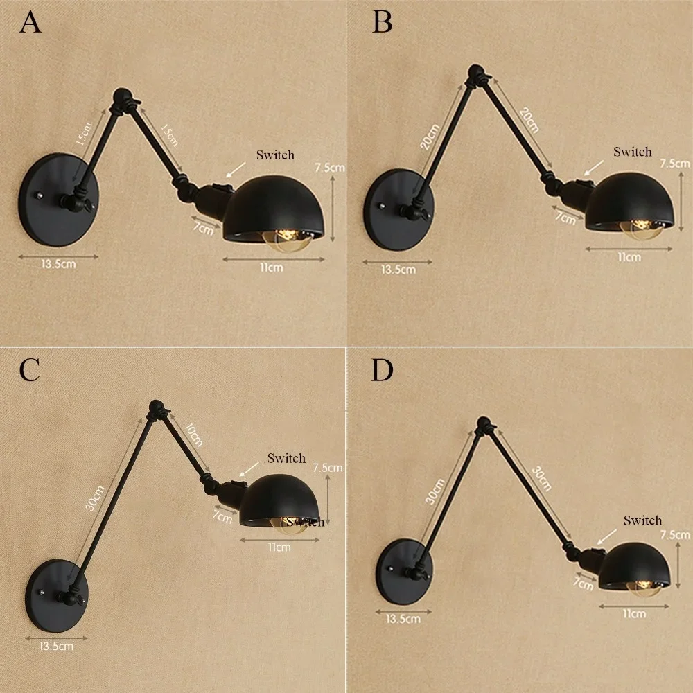 

Industrial Style Sconce Wall Lighting with Adjustable Arm Retro Led Wall Lamp Switch for Home Art Deco AC 90-260V Black E27 Base