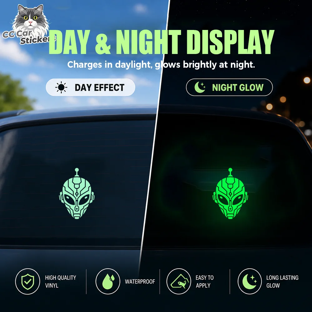 Cyber Alien Robot Face Glow in the Dark Car Sticker Luminous Vinyl Decal Waterproof Rear Window Sci-Fi Auto Decor Trim Accessory