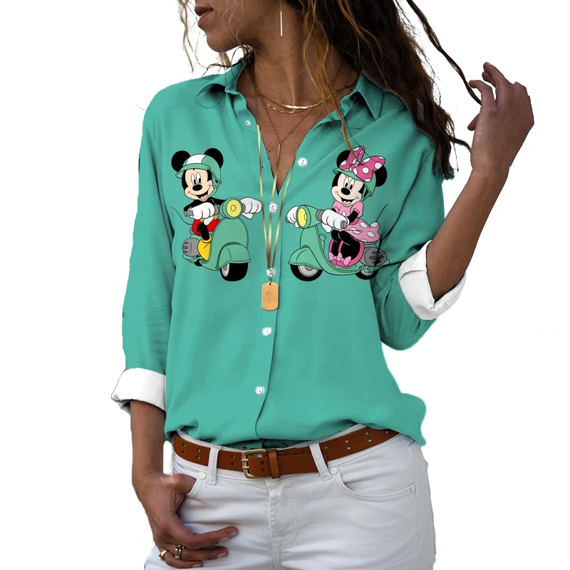 New 2024 Harajuku Slim Fit 3D Printed Women\'s Button Up Long Sleeve Lapel Mickey Minnie Casual Cute Shirt y2k