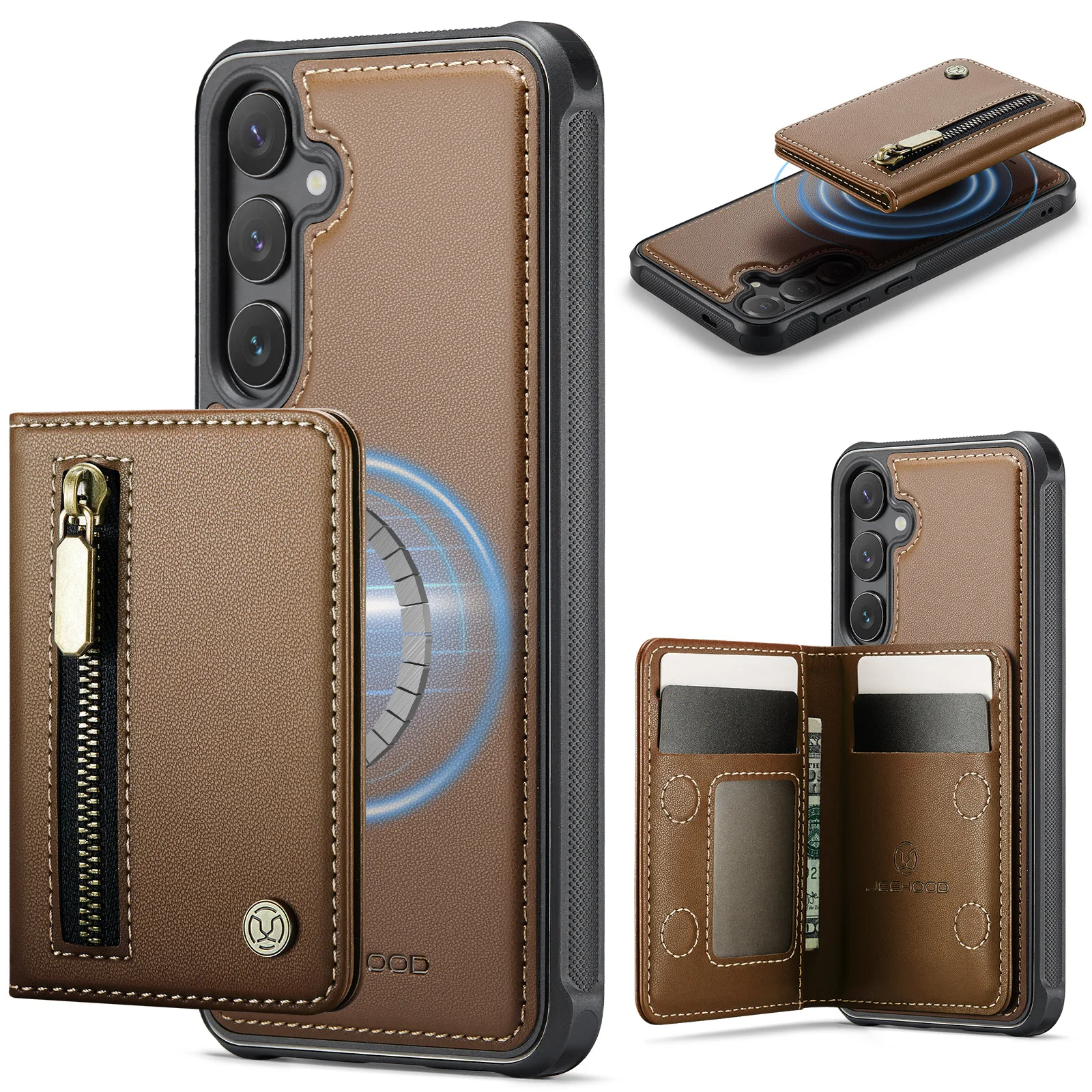 2 in 1 Detachable RFID Zipper Magnetic Leather Wallet Cards Solt Case For Samsung S25 Edge S24 Ultra S23 Plus S23 kickstandCover